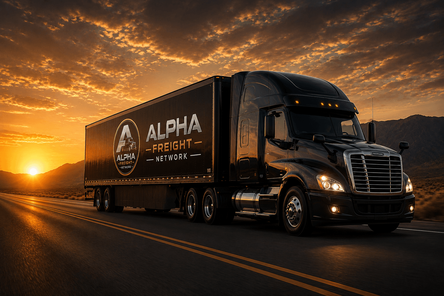 Alpha Freight Network truck on the highway at sunset